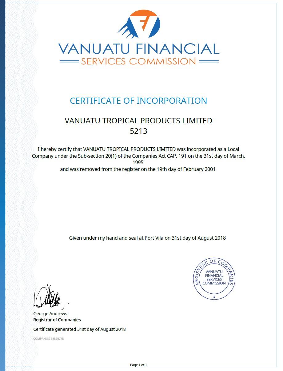Vanuatu Ticaret Sicilinden Certificate of Incorporation